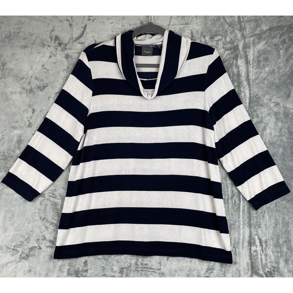 Chicos Travelers Top Large Blue Striped Cowl Neck Slinky Nautical Shirt Blouse